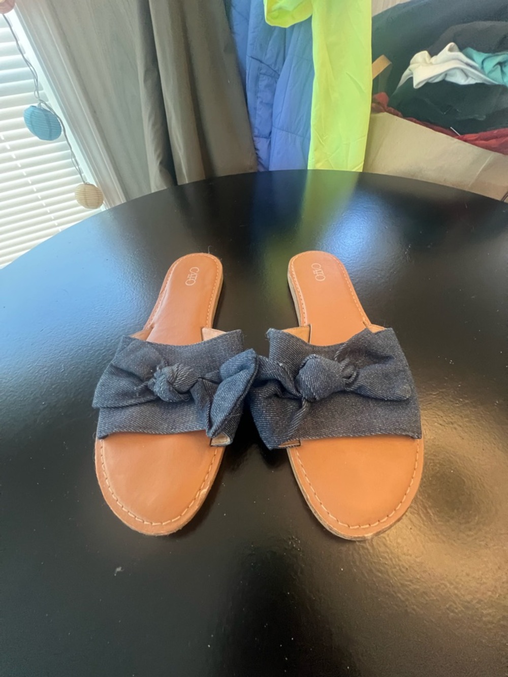 Cato Denim Knot Slide Sandals in Navy and Tan
